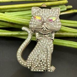 Unbranded Pave Crystal Rhinestones Hidden Face Cat Watch Genuine Leather Band